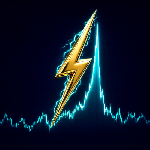 A golden lightning bolt striking a spiking chart at 3:14 AM