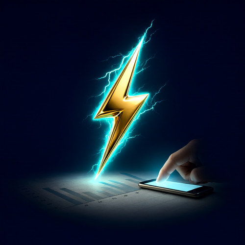 A golden lightning bolt fading over a flat chart as a finger taps a phone