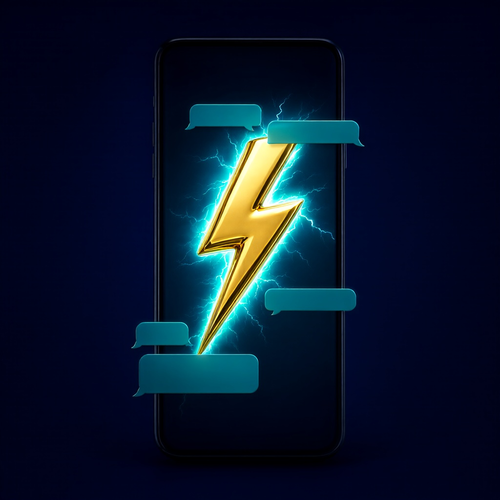 A golden lightning bolt on a phone screen with chat notifications popping up