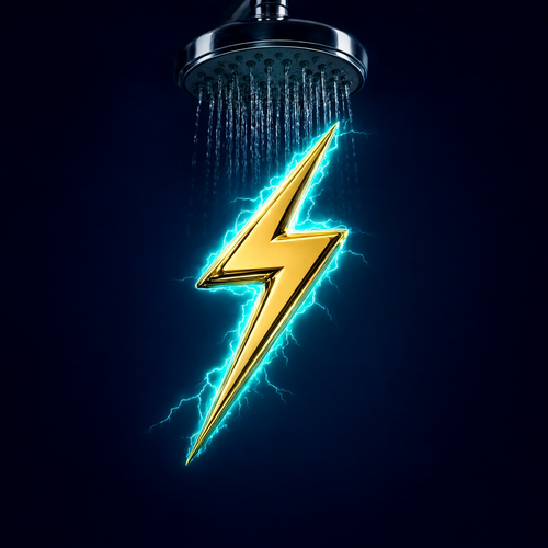 A golden lightning bolt striking a phone alert, a shower head dripping