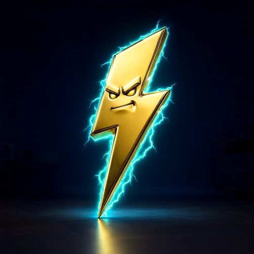 A golden lightning bolt with a determined face, standing in a dark room